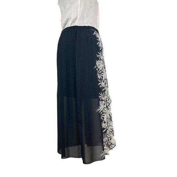 Artex  Fashions XL Black White Floral Midi Skirt Sheer Lined Tropical Vacation - Picture 2 of 4